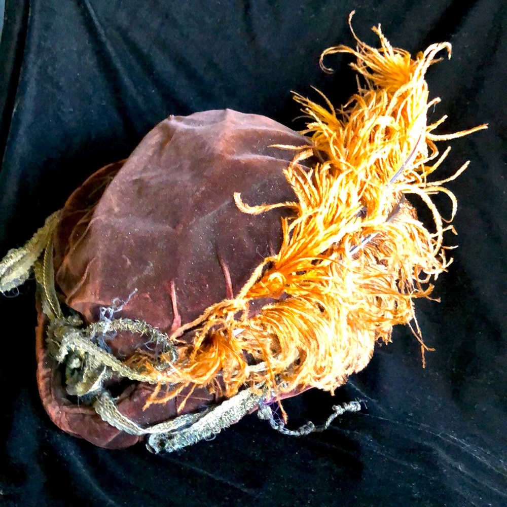 Antique brown velvet feather hat bonnet Knowles
